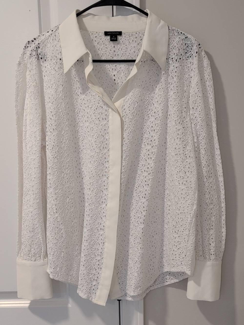 Ann Taylor Ivory Lace Button-Down Shirt with Contrast Collar